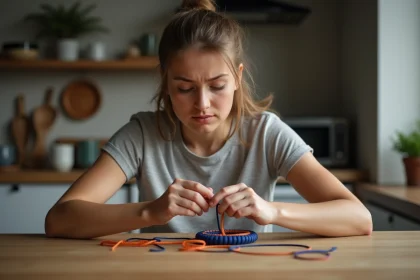 Jeune femme concentr&eacute;e &agrave; tisser un bracelet paracord &agrave; la maison