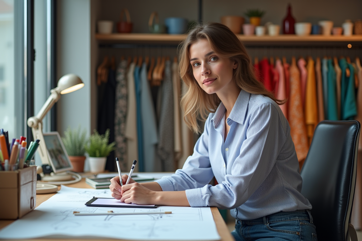 Femme dessinant des créations de mode sur une tablette dans l