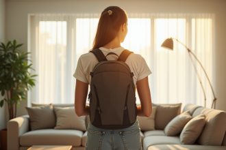 Jeune femme ajustant un sac à dos ergonomique dans un salon lumineux