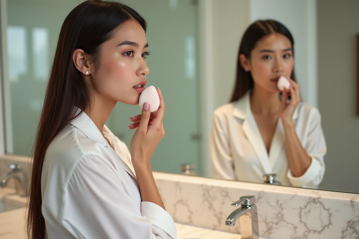 Jeune femme se maquillant près du miroir avec une éponge