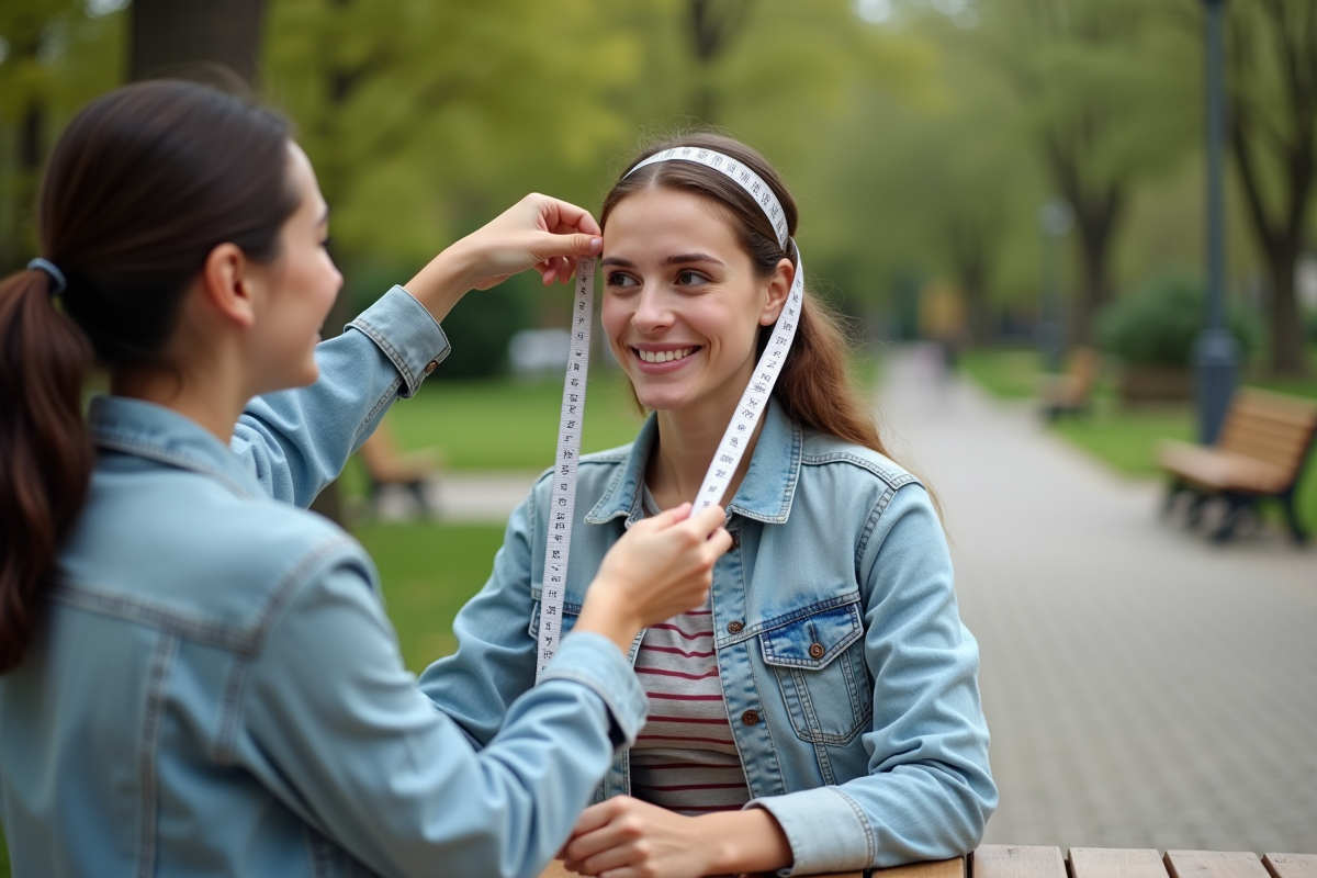 Jeune femme souriante mesurant sa tête avec une amie dans un parc