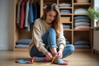 Jeune femme mesure son pied avec un ruban et des chaussettes colorées