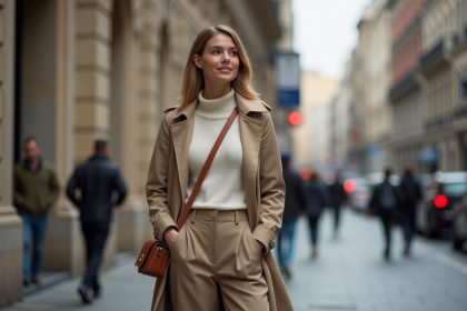 Jeune femme en trench et pantalon large dans la ville