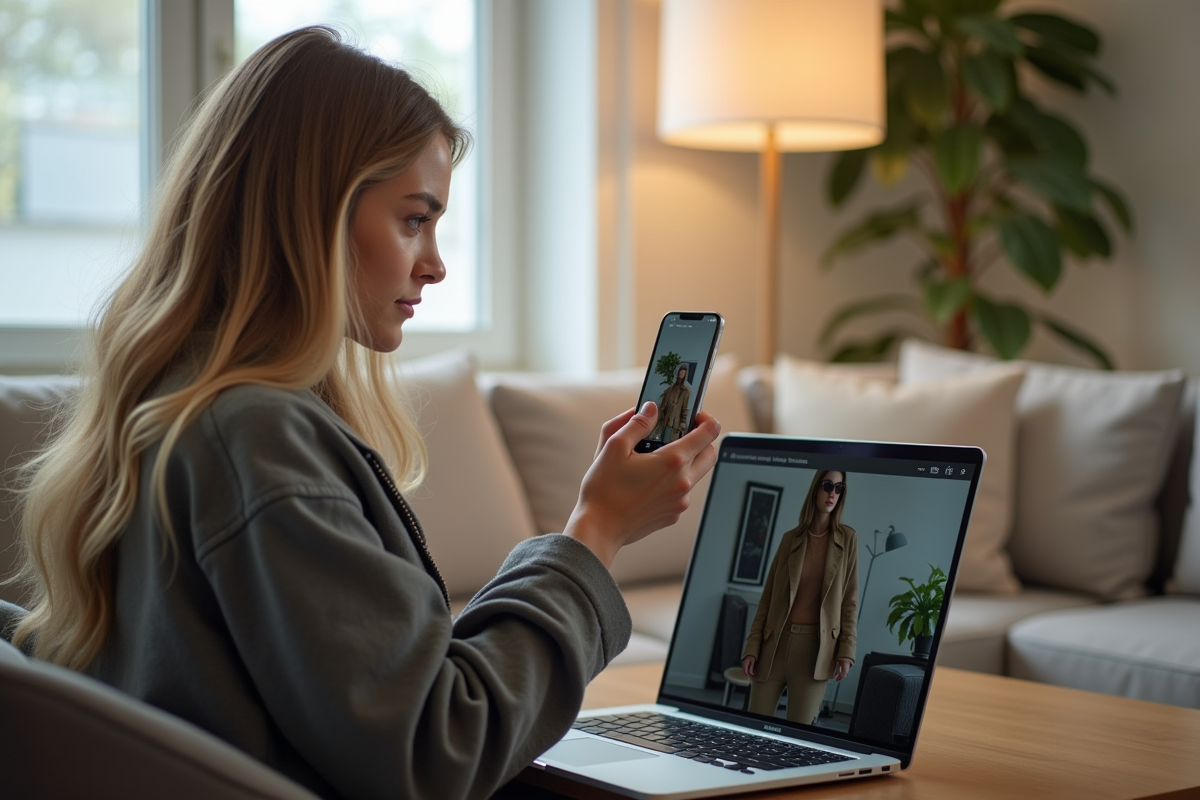 Jeune femme photographiant une veste tendance dans un salon lumineux