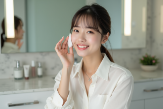 Jeune femme coréenne souriante avec coton pad visage