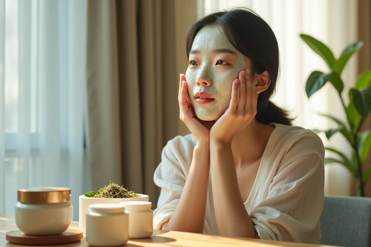Jeune femme coréenne appliquant un masque naturel visage