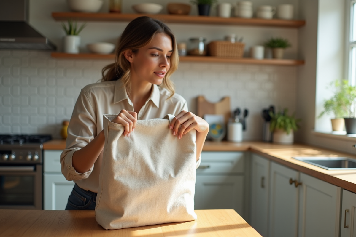 Jeune femme examine un sac en toile dans une cuisine lumineuse