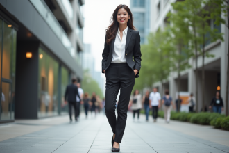 Jeune femme élégante en ville avec pantalon et blouse blanche