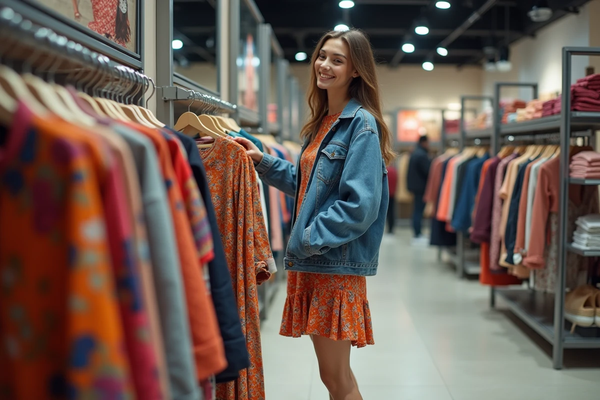 Jeune femme souriante examine une robe dans un magasin