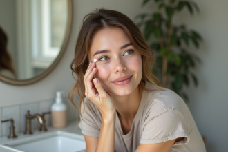Jeune femme examine un petit bouton sur sa joue dans la salle de bain