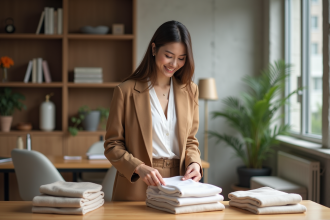 Jeune femme en capsule wardrobe dans un appartement lumineux