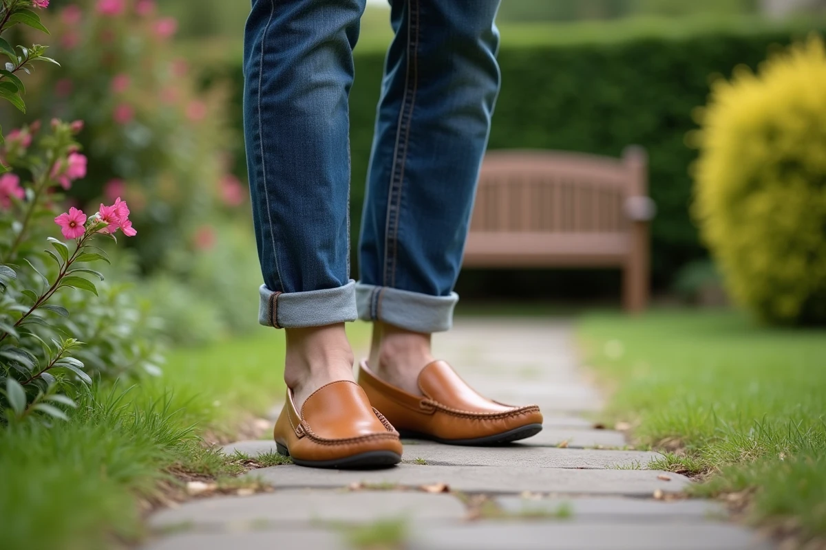 Jeune homme marchant dans un jardin avec des babouches en cuir naturel