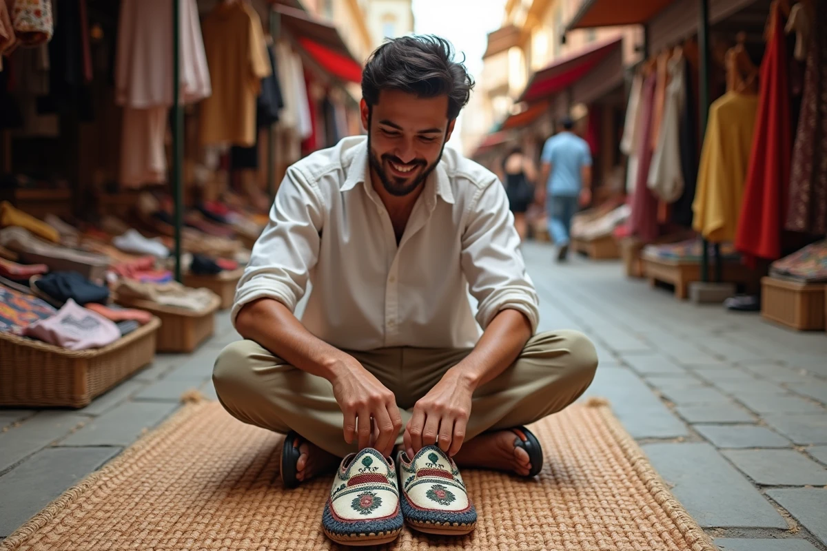 Jeune homme essayant des babouches dans un marché en plein air