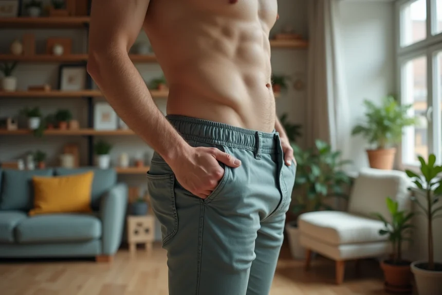 Jeune homme décontracté ajuste son pantalon dans un appartement moderne