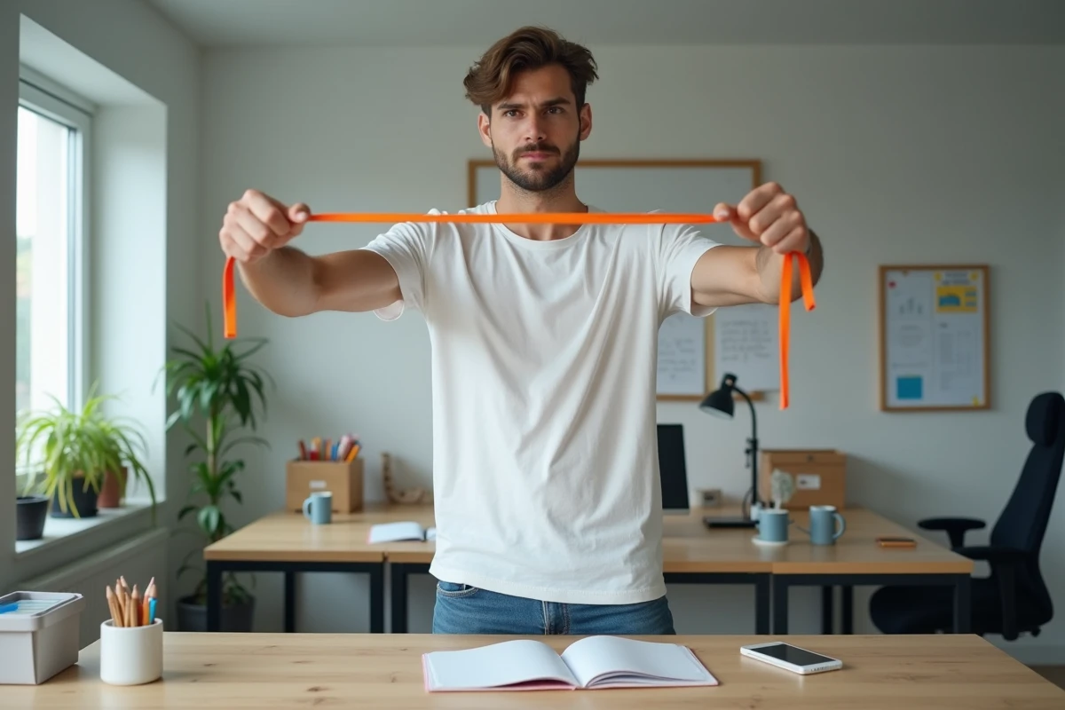 Jeune homme tendant des elastiques dans un bureau lumineux