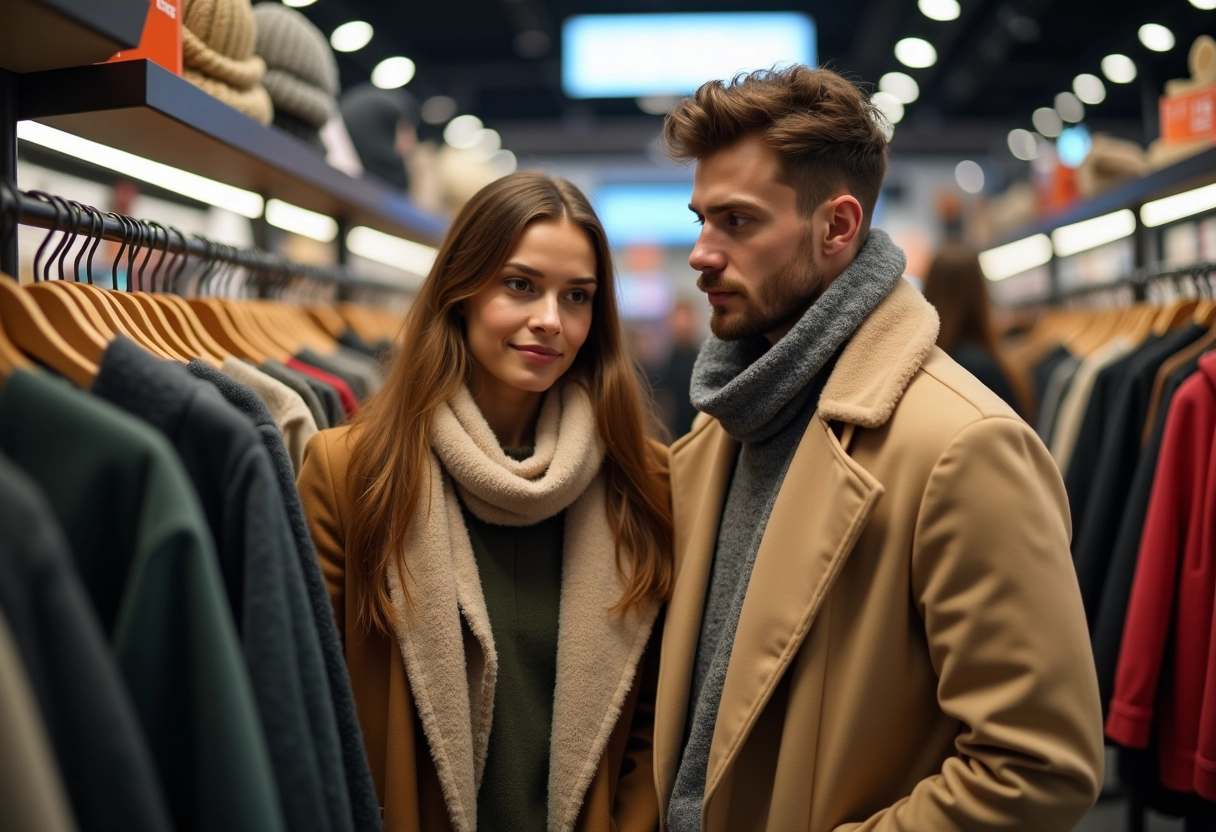 Jeune couple regardant des vêtements d