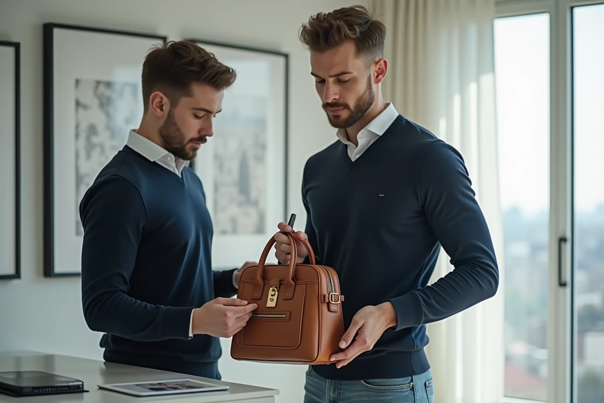 Jeune homme vérifiant un sac à main dans un appartement lumineux