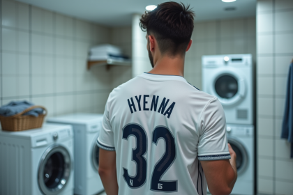 Jeune homme en jersey blanc en train de lisser le nom sur le dos