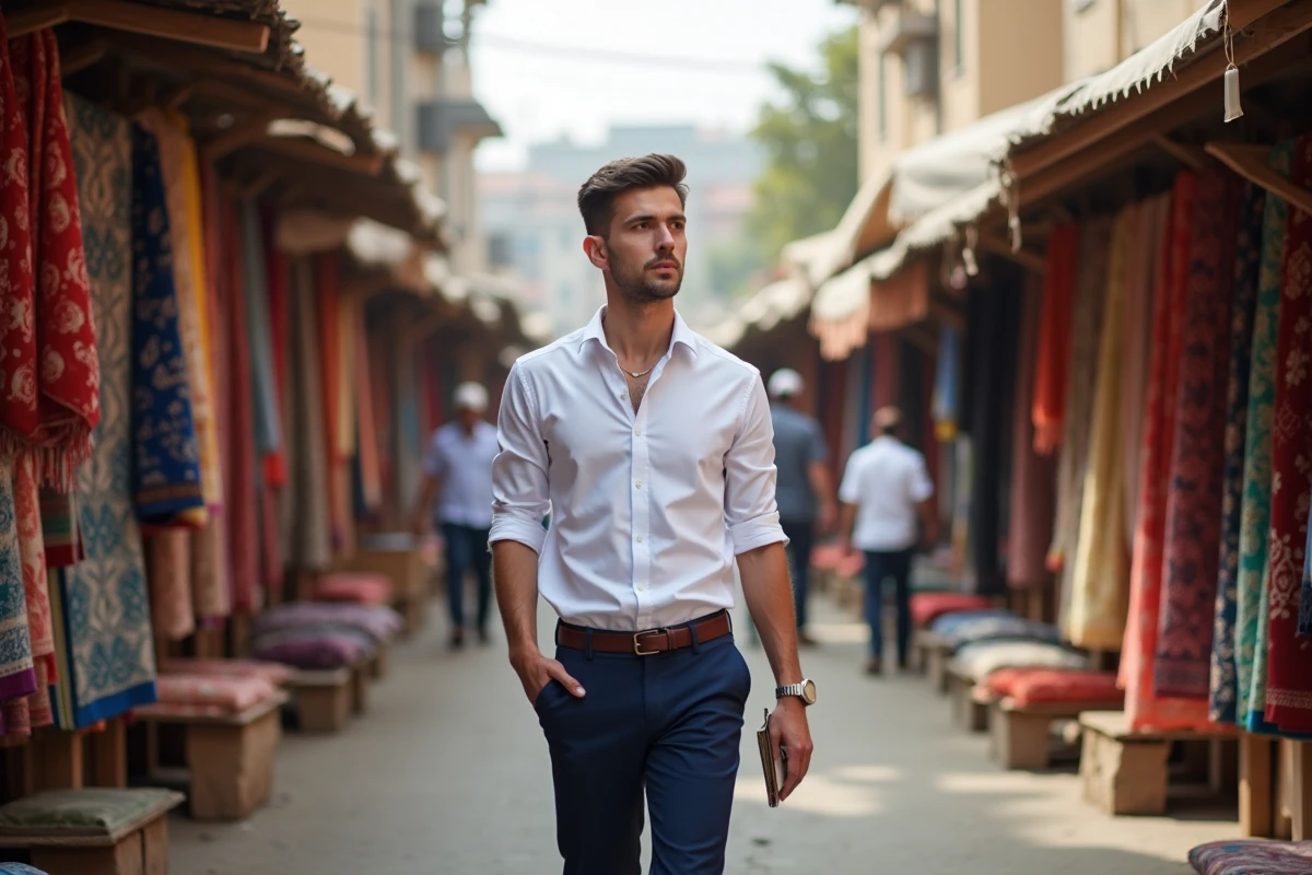 Jeune homme dans un marché textile coloré avec des tissus variés