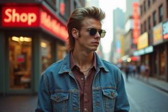 Jeune homme dans les années 80 avec coupe mullet en ville