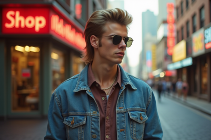 Jeune homme dans les années 80 avec coupe mullet en ville