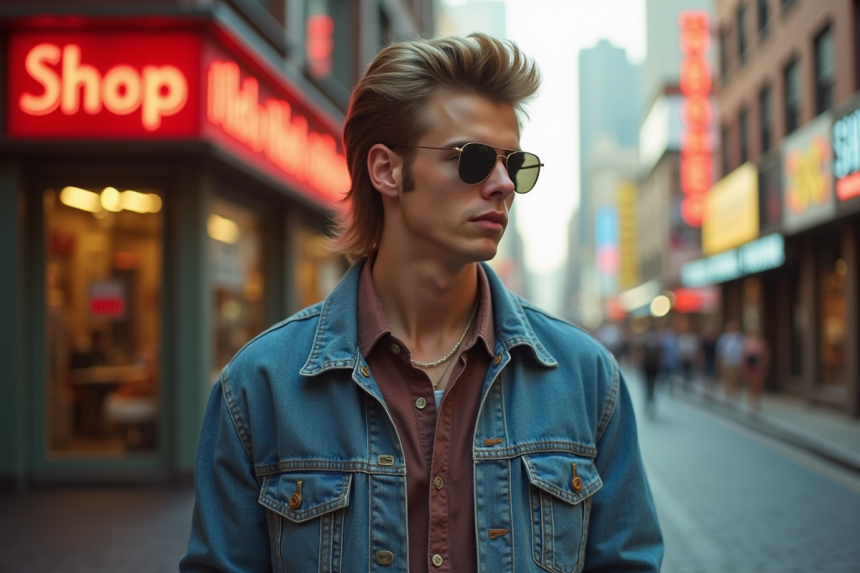 Jeune homme dans les années 80 avec coupe mullet en ville