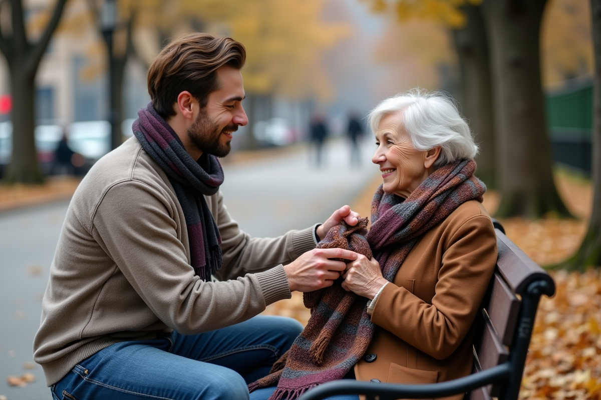 Jeune homme offrant une écharpe à une femme dans un parc