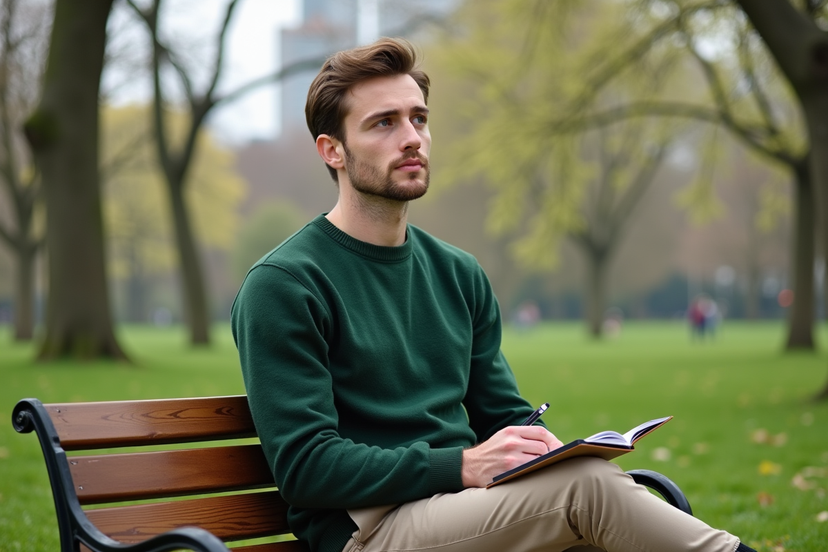 Jeune homme dans un parc vert avec carnet écologique