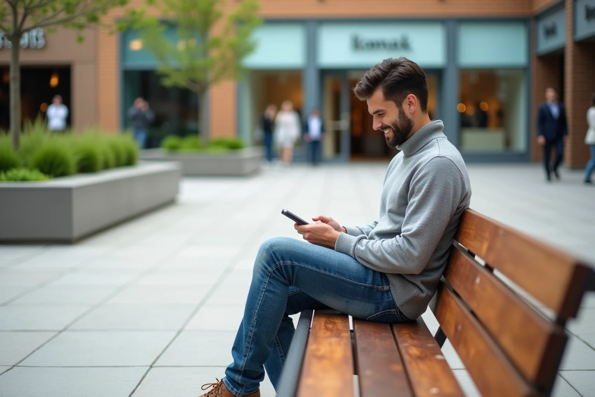 Jeune homme assis sur un banc dans une place extérieure calme