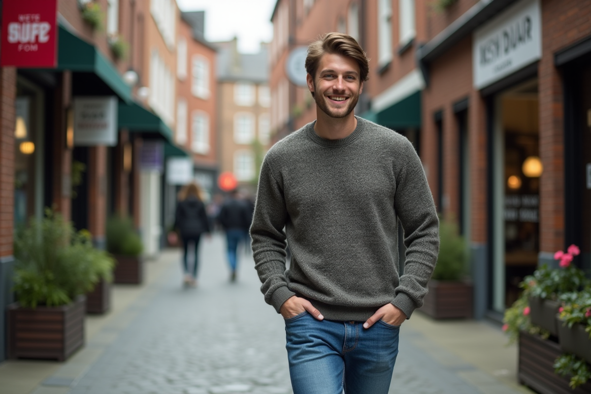Jeune homme en pull en laine et jeans dans rue urbaine