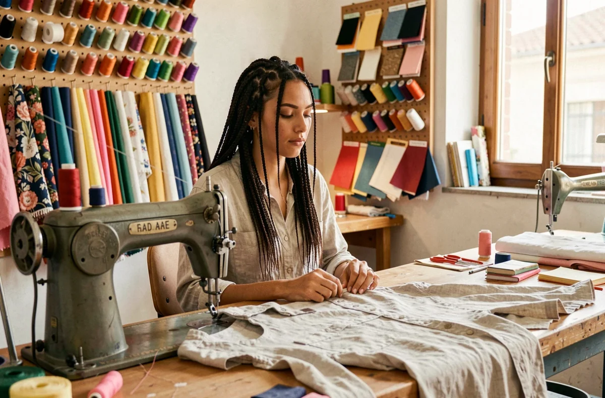 Couturière de l'atelier Kabanes travaillant sur des retouches et créations sur mesure dans son atelier à Marseille