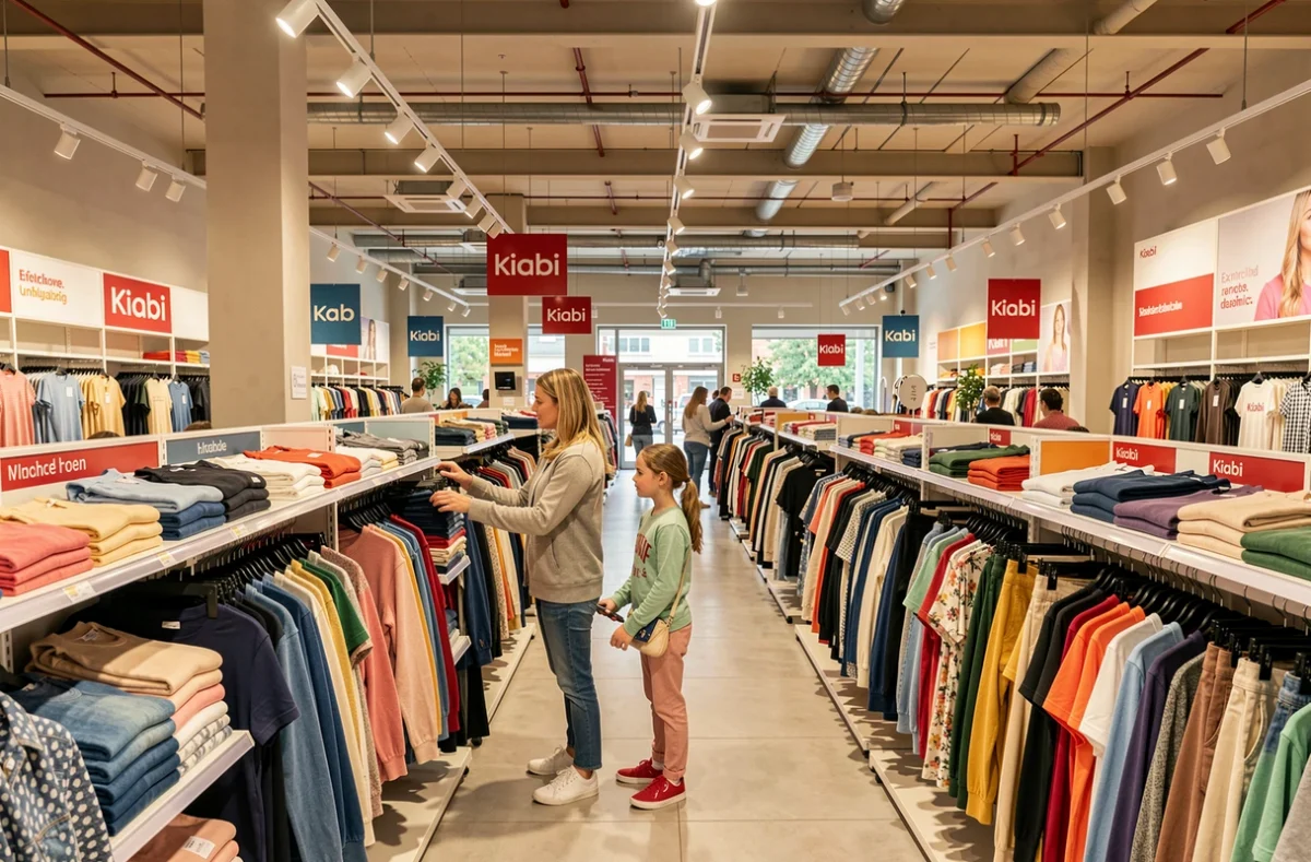 Mère et fille choisissant des vêtements dans un magasin Kiabi en Isère