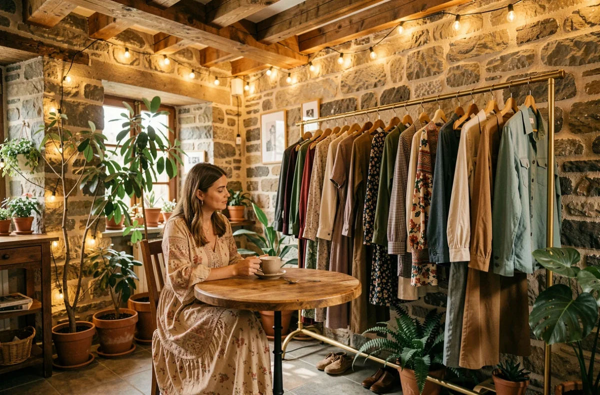 Femme sirotant un café entourée de vêtements dans le concept boutique-café L'Antre Temps en Isère