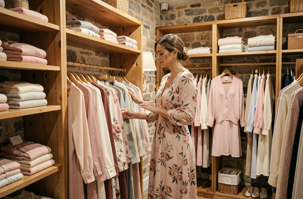 Cliente élégante parcourant les vêtements féminins dans la boutique Le Comptoir de Violette en Isère