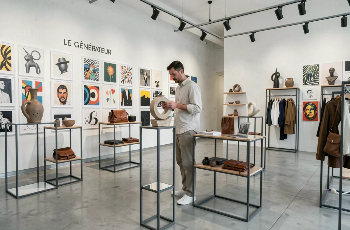 Espace boutique Le Générateur à Strasbourg avec des objets design contemporains et des impressions artistiques en édition limitée sur des cimaises blanches