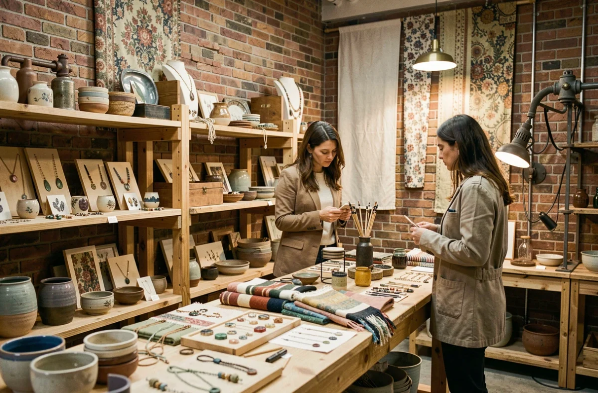 Intérieur de la boutique Les Créatives à Strasbourg avec des accessoires artisanaux locaux exposés sur des étagères en bois brut