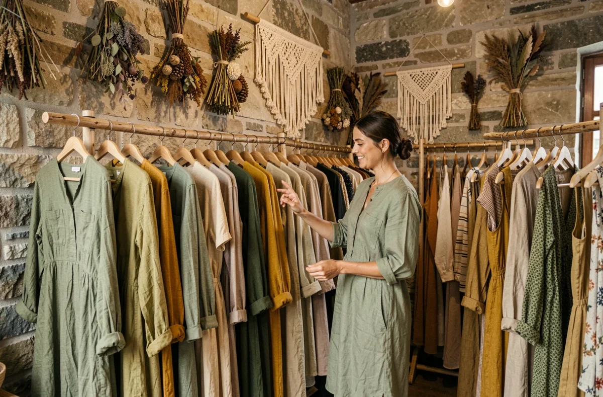 Intérieur bohème de la boutique Les Herbes Folles à Strasbourg avec des vêtements en lin naturel et des décorations botaniques séchées