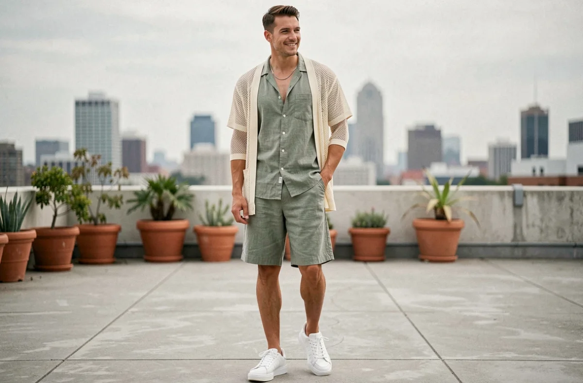 Homme en co-ord lin vert sauge style RnB 2026 sur rooftop urbain avec cardigan mesh crème