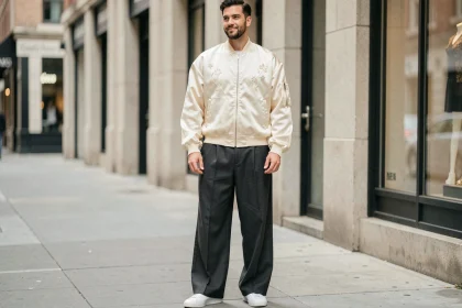 Homme en look RnB 2026 avec bomber satiné crème et pantalon large charbon en rue urbaine
