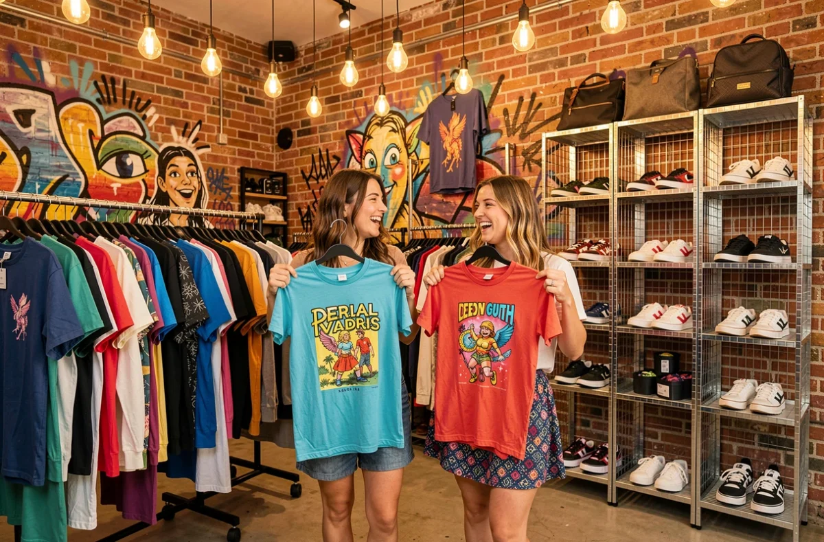 Deux jeunes femmes choisissant des vêtements tendance dans la boutique LPB Les Petites Bombes au centre de Grenoble