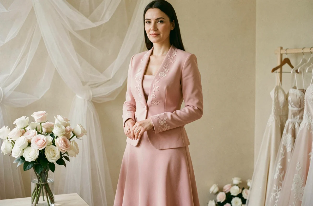 Femme en tailleur rose sur mesure pour cérémonie de mariage réalisé par Maison et Margot dans une boutique élégante