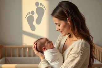 Mère tenant son nouveau-né dans une chambre de bébé avec une projection de souvenir de naissance sur le mur