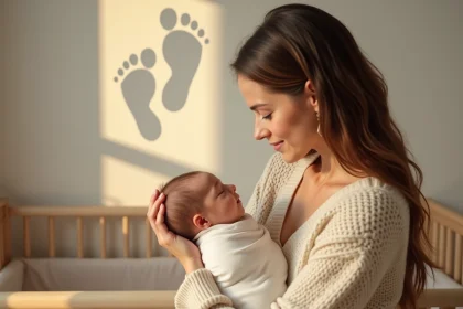 Mère tenant son nouveau-né dans une chambre de bébé avec une projection de souvenir de naissance sur le mur