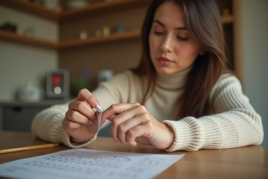 Femme mesurant son doigt à la maison avec une bande de papier pour trouver sa taille de bague
