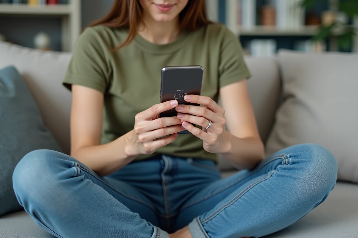 Jeune femme utilisant une application de mesure de bague sur smartphone pour connaître sa taille de doigt