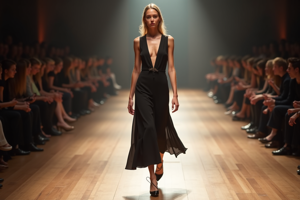 Mannequin confiante marchant sur le podium avec robe moderne