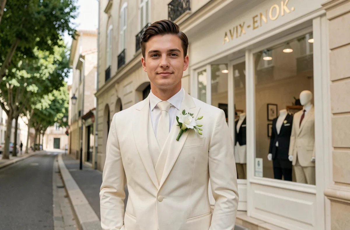 Jeune marié en costume de mariage sur mesure ivoire devant la boutique Monsieur Gaspard à Aix-en-Provence
