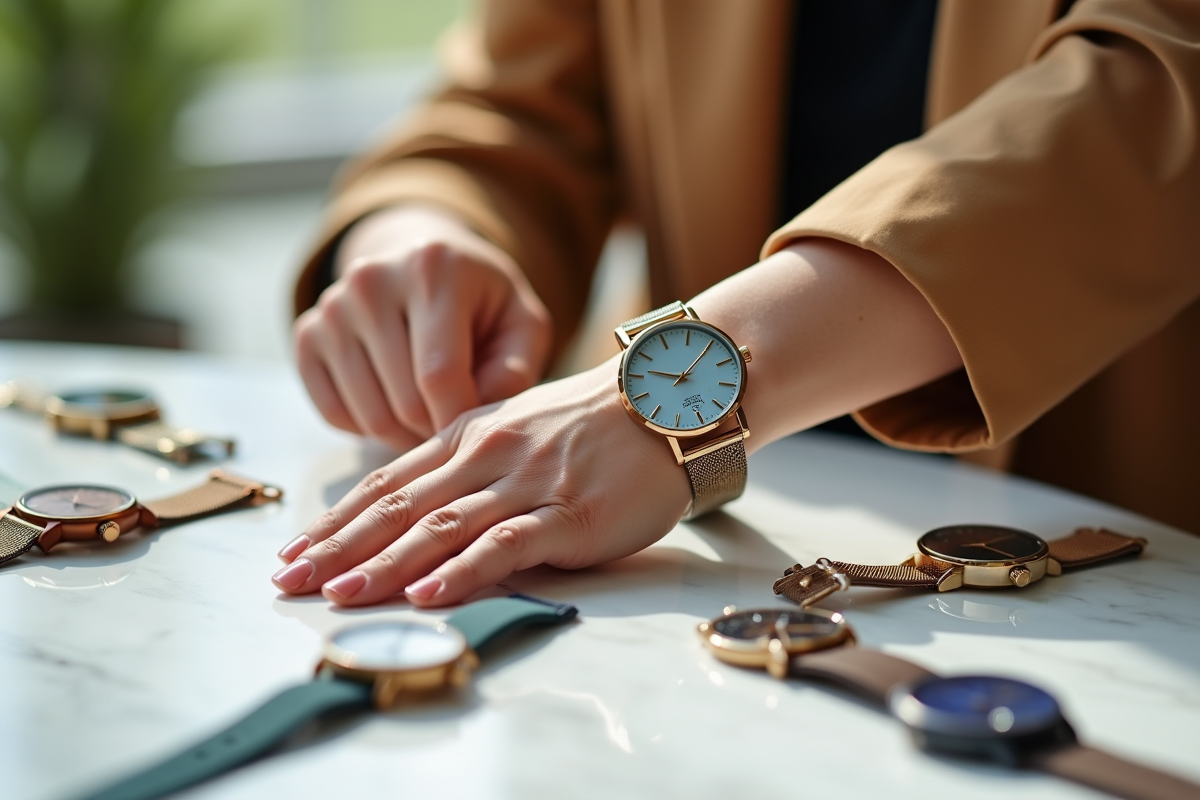 Main d'une femme ajustant une montre élégante en lumière naturelle