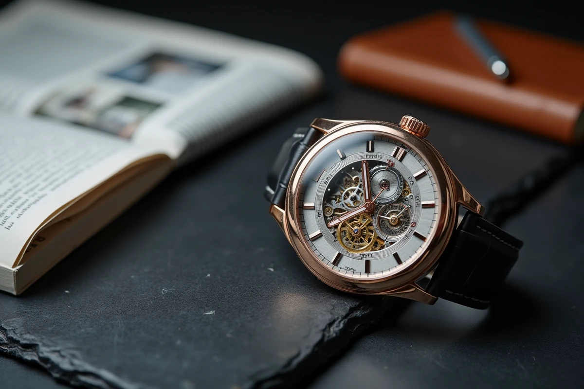 Montre mécanique suisse de luxe à mouvement squelette posée sur ardoise avec journal financier, symbole d'investissement horloger haut de gamme