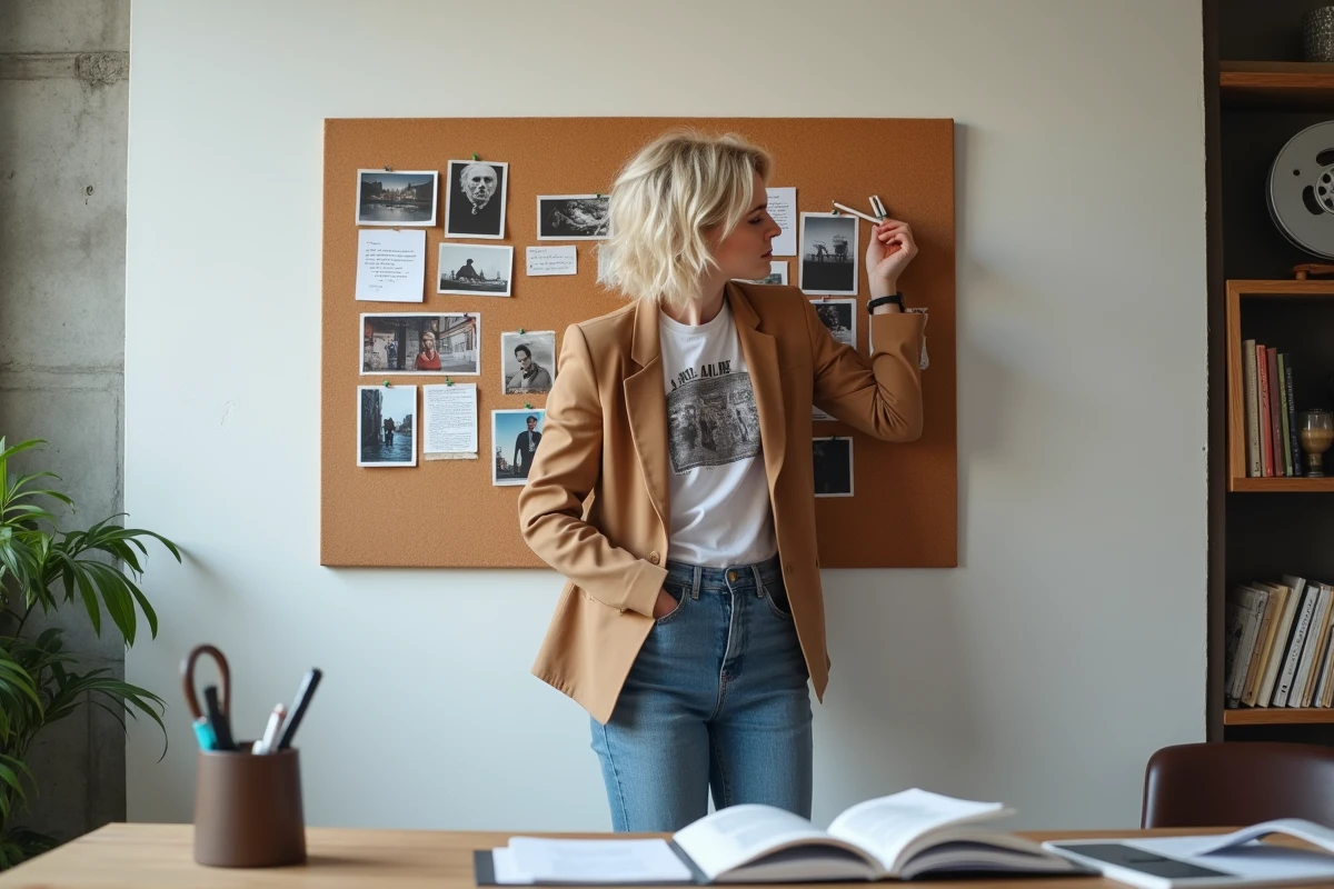 Jeune femme créant un moodboard fan consacré aux looks, films et musique de Suki Waterhouse dans un studio artistique